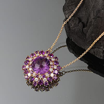 D'Joy Premium African Amethyst and Moissanite 10.40 ctw Starbust Necklace in 18K Vermeil Yellow Gold Over Sterling Silver 18 Inches