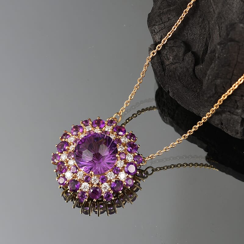 D'Joy Premium African Amethyst and Moissanite 10.40 ctw Starbust Necklace in 18K Vermeil Yellow Gold Over Sterling Silver 18 Inches