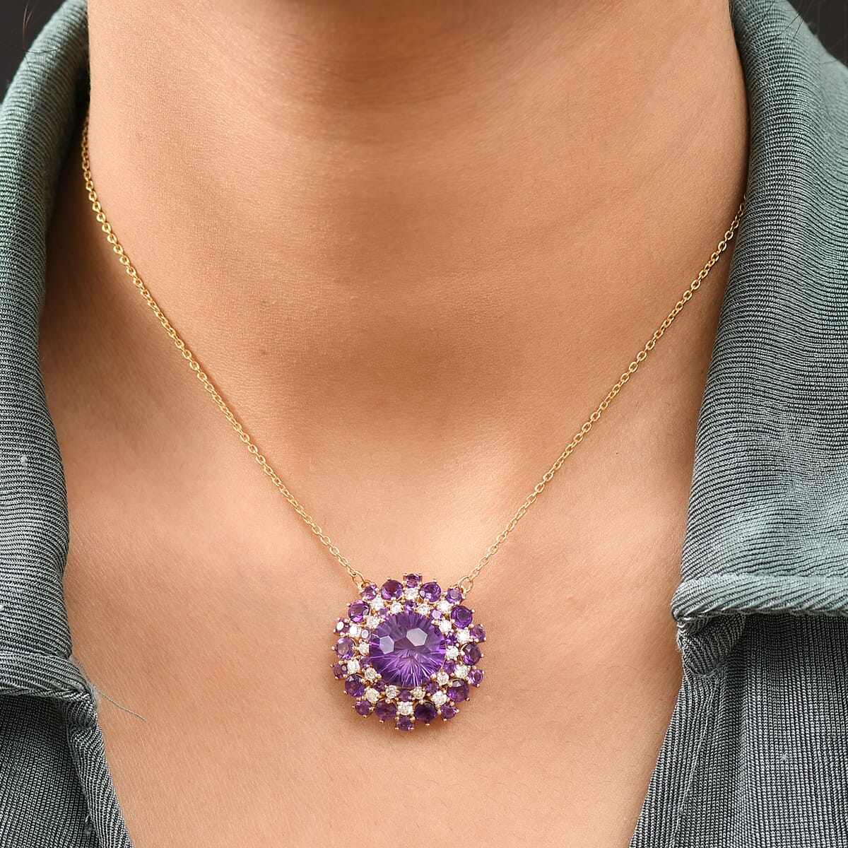D'Joy Premium African Amethyst and Moissanite 10.40 ctw Starbust Necklace in 18K Vermeil Yellow Gold Over Sterling Silver 18 Inches image number 2