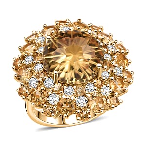 D'Joy Premium Brazilian Citrine, Moissanite Starbust Ring in 18K Vermeil YG Over Sterling Silver (Size 10.0) 10.40 ctw