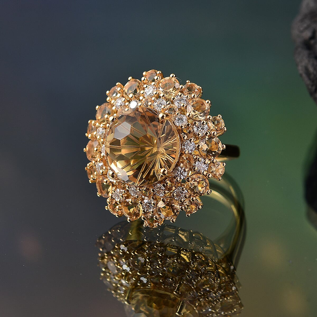 D'Joy Premium Brazilian Citrine, Moissanite Starbust Ring in 18K Vermeil YG Over Sterling Silver (Size 10.0) 10.40 ctw image number 1