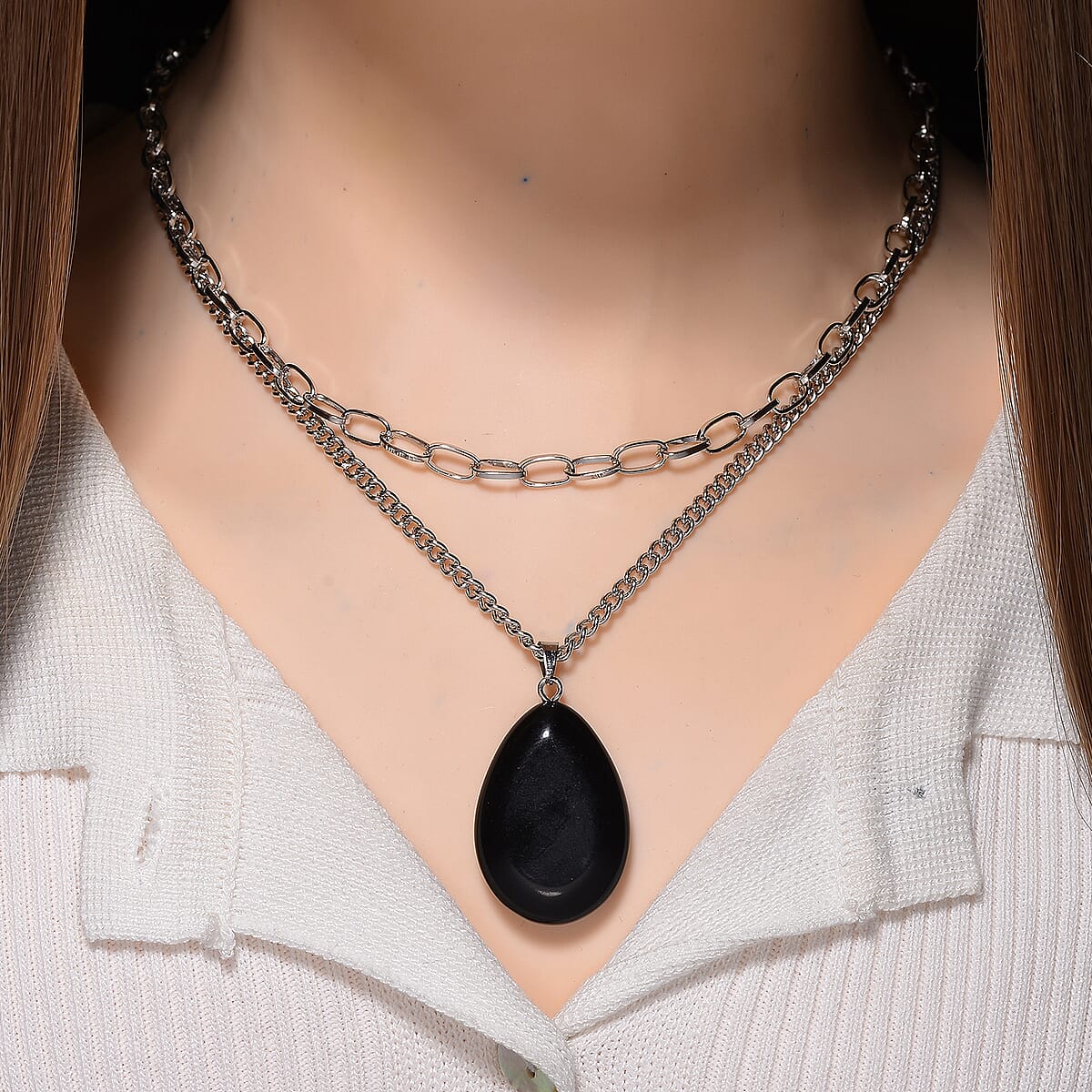 Black Obsidian 75.00 ctw Pendant with Paper Clip Necklace in Silvertone 18-20 Inches image number 1