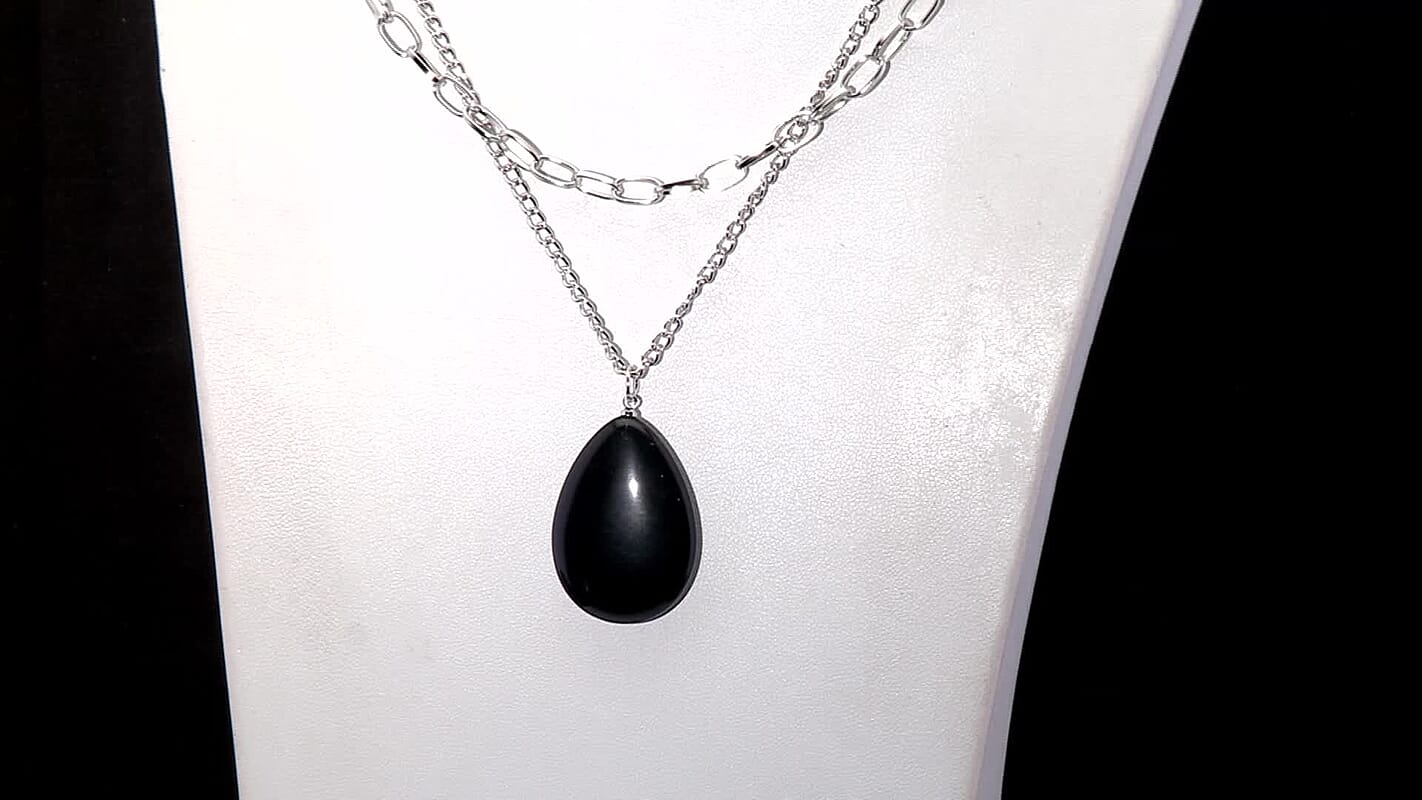Black Obsidian 75.00 ctw Pendant with Paper Clip Necklace in Silvertone 18-20 Inches