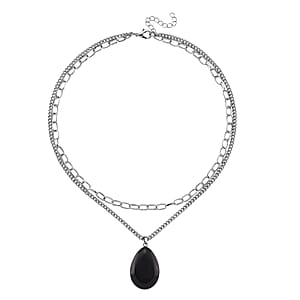 Black Obsidian 75.00 ctw Pendant with Paper Clip Necklace in Silvertone 18-20 Inches
