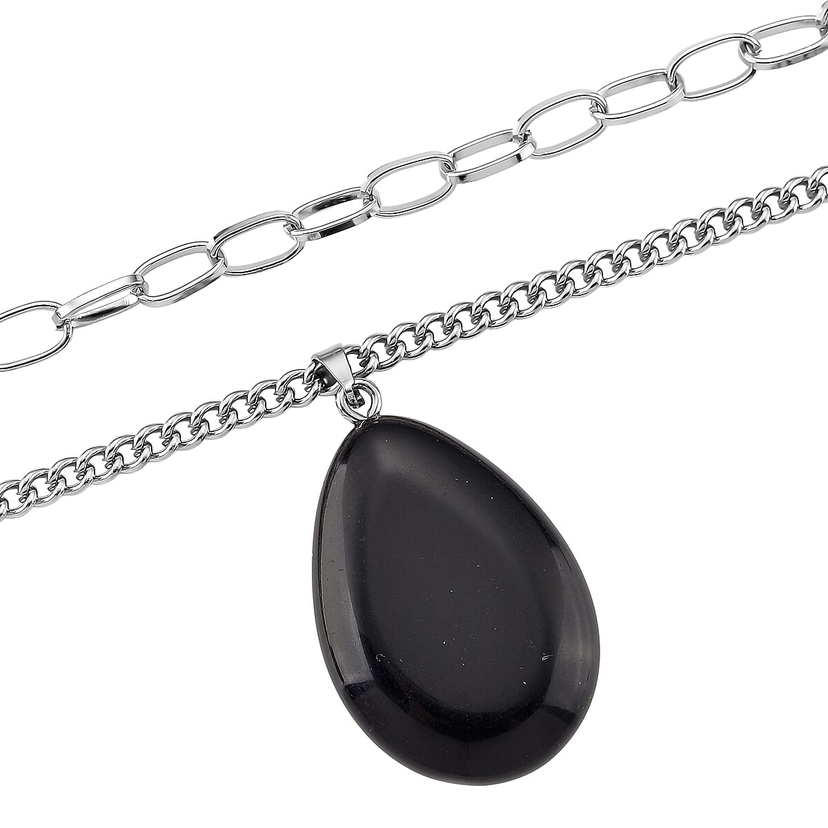 Black Obsidian 75.00 ctw Pendant with Paper Clip Necklace in Silvertone 18-20 Inches image number 3