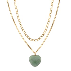 Green Aventurine 75.00 ctw Heart Pendant with Paper Clip Necklace in Goldtone 18-20 Inches