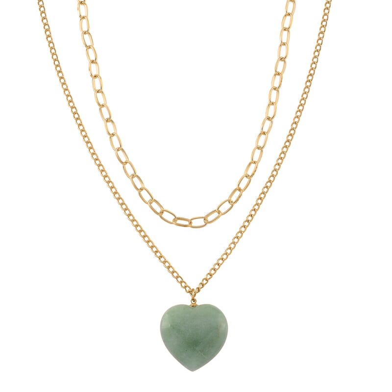 Green Aventurine 75.00 ctw Heart Pendant with Paper Clip Necklace in Goldtone 18-20 Inches