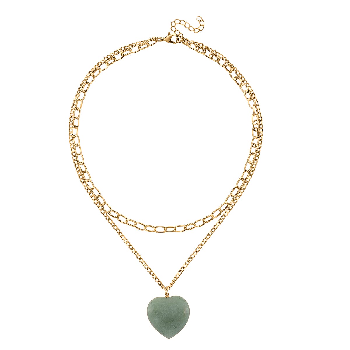 Green Aventurine 75.00 ctw Heart Pendant with Paper Clip Necklace in Goldtone 18-20 Inches image number 2