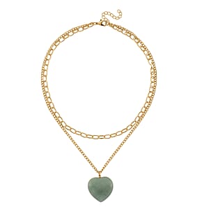 Green Aventurine 75.00 ctw Heart Pendant with Paper Clip Necklace in Goldtone 18-20 Inches