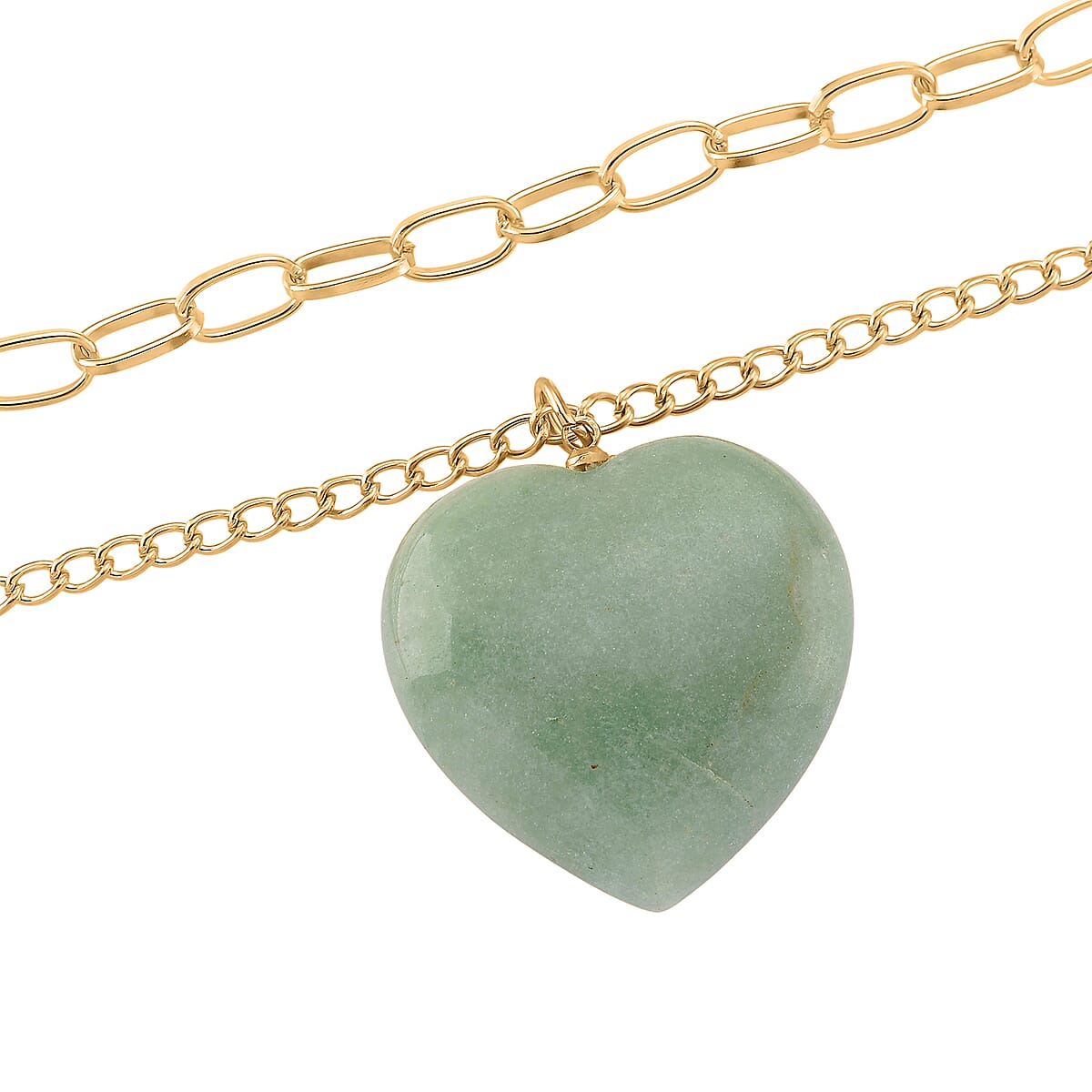 Green Aventurine 75.00 ctw Heart Pendant with Paper Clip Necklace in Goldtone 18-20 Inches image number 3