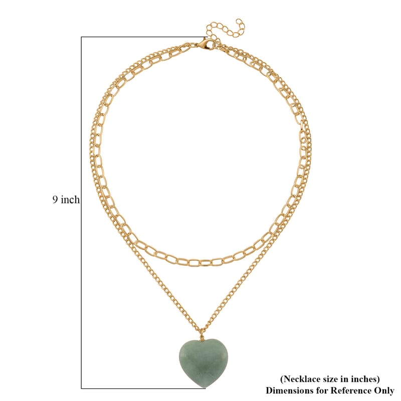 Green Aventurine 75.00 ctw Heart Pendant with Paper Clip Necklace in Goldtone 18-20 Inches