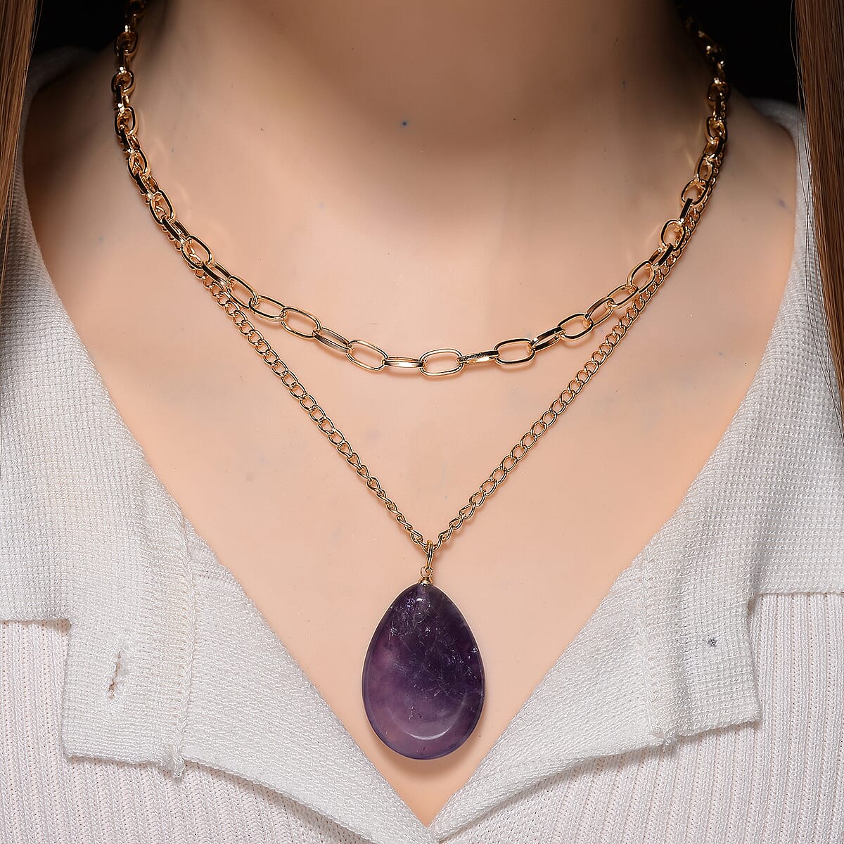 African Amethyst 75.00 ctw Pendant with Paper Clip Necklace in Goldtone 18-20 Inches image number 1