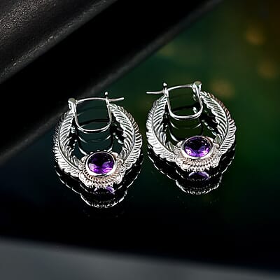 Karis African Amethyst 2.40 ctw Feather Earrings in Platinum Bond