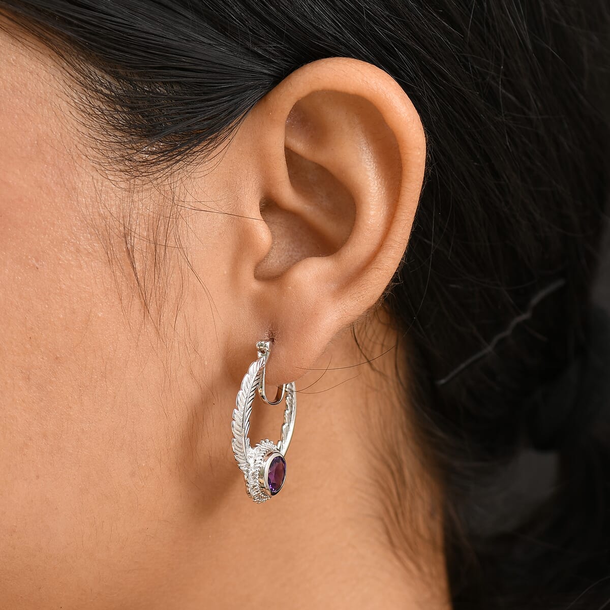 Karis African Amethyst 2.40 ctw Feather Earrings in Platinum Bond image number 2
