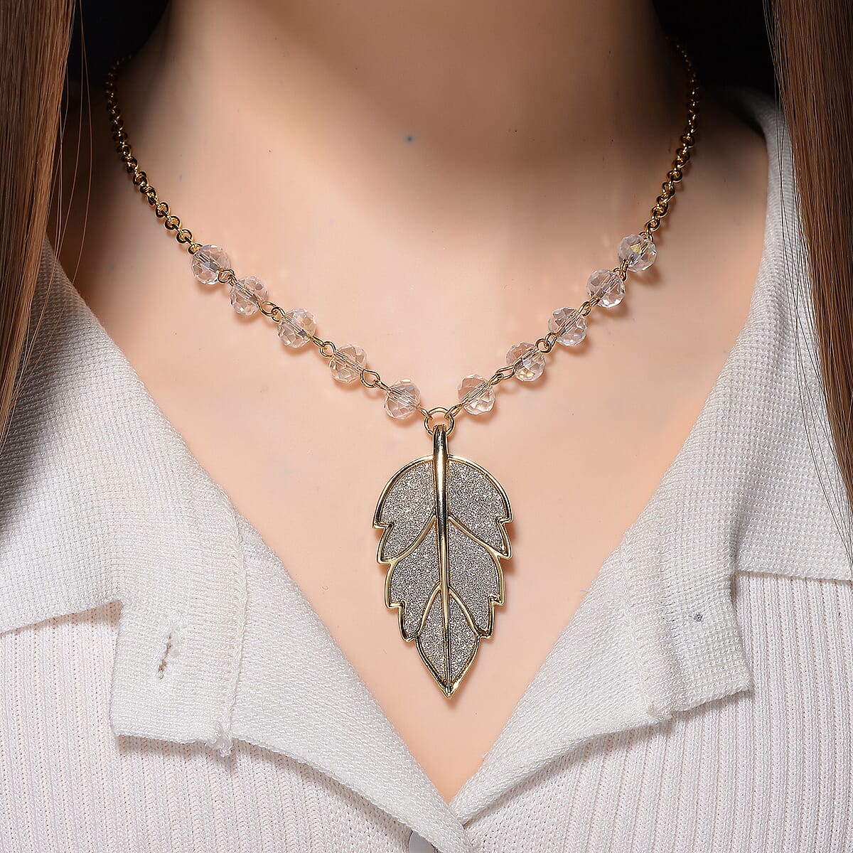 Austrian Crystal Leaf Pendant Necklace in Goldtone 20 Inches image number 1
