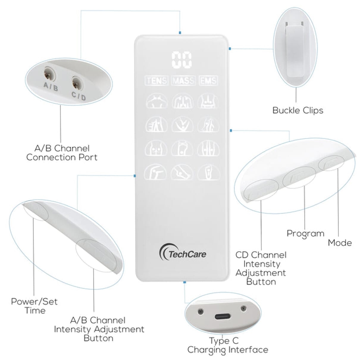 Techcare Massager Tens Machine Unit Device Pulse Massager 4 Channel Rechargeable Muscle Stimulator image number 4