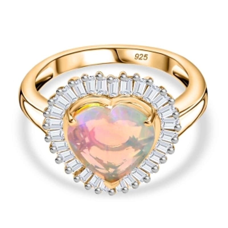 Ethiopian Welo Opal and Moissanite 2.45 ctw Ring in Vermeil Yellow Gold Over Sterling Silver (Size 10)