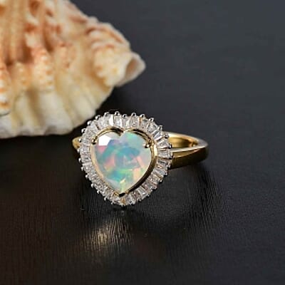Ethiopian Welo Opal and Moissanite 2.45 ctw Ring in Vermeil Yellow Gold Over Sterling Silver (Size 10)
