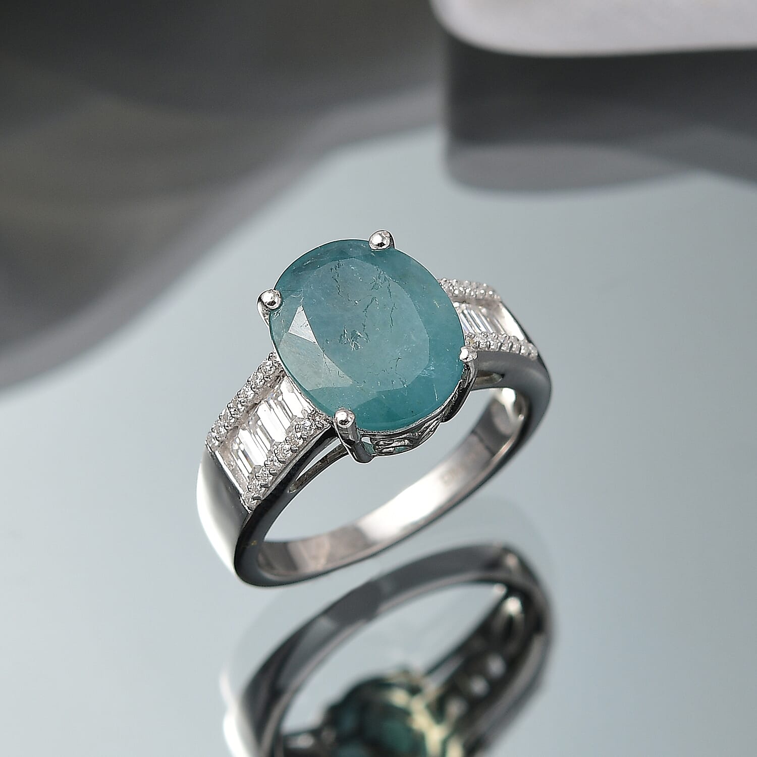 Premium Grandidierite, Moissanite Ring in Rhodium Over Sterling Silver (Size 10.0) 6.00 ctw