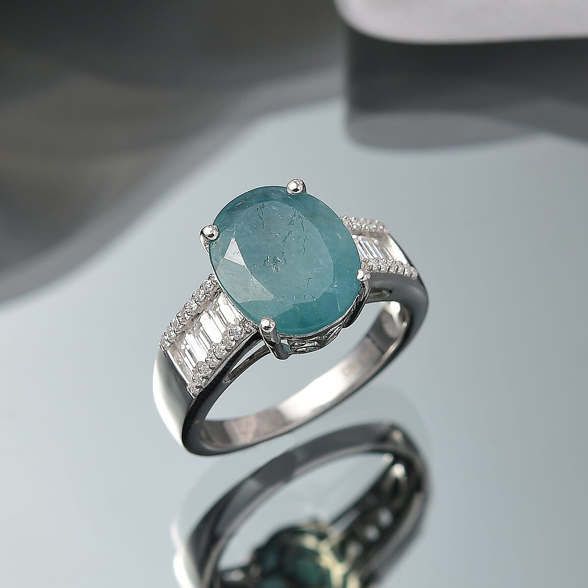 D'Joy Premium Grandidierite and Moissanite 6.00 ctw Stairs to Heaven Ring in Rhodium Over Sterling Silver (Size 7.0) image number 1