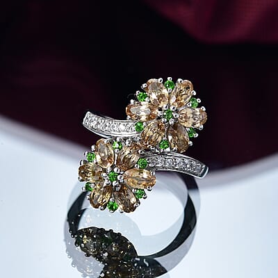 D'Joy Premium Tanzania Yellow Zircon and Multi Gemstone 4.70 ctw Blossom Bypass Ring in Rhodium Over Sterling Silver (Size 10.0)