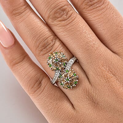 D'Joy Premium Tanzania Yellow Zircon and Multi Gemstone 4.70 ctw Blossom Bypass Ring in Rhodium Over Sterling Silver (Size 10.0)
