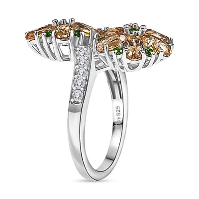 D'Joy Premium Tanzania Yellow Zircon and Multi Gemstone 4.70 ctw Blossom Bypass Ring in Rhodium Over Sterling Silver (Size 10.0)