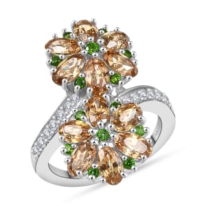 D'Joy Premium Tanzania Yellow Zircon and Multi Gemstone 4.70 ctw Blossom Bypass Ring in Rhodium Over Sterling Silver (Size 5.0)