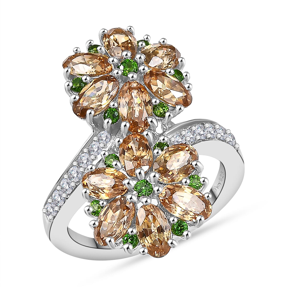 D'Joy Premium Tanzania Yellow Zircon and Multi Gemstone 4.70 ctw Blossom Bypass Ring in Rhodium Over Sterling Silver (Size 8.0)