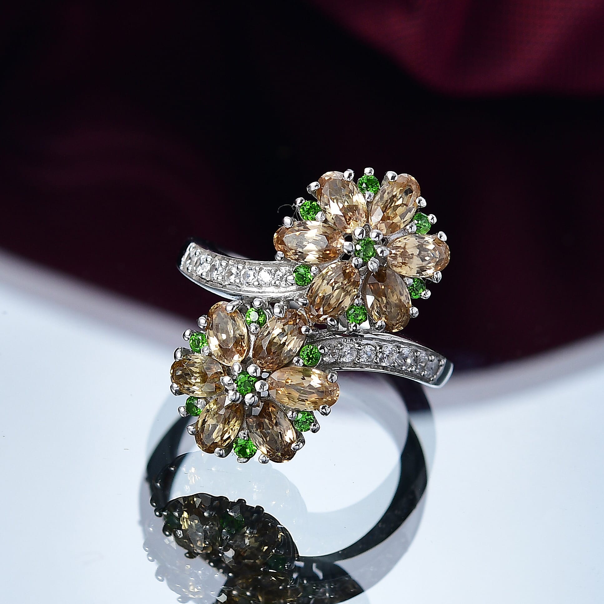 D'Joy Premium Tanzania Yellow Zircon and Multi Gemstone 4.70 ctw Blossom Bypass Ring in Rhodium Over Sterling Silver (Size 8.0)
