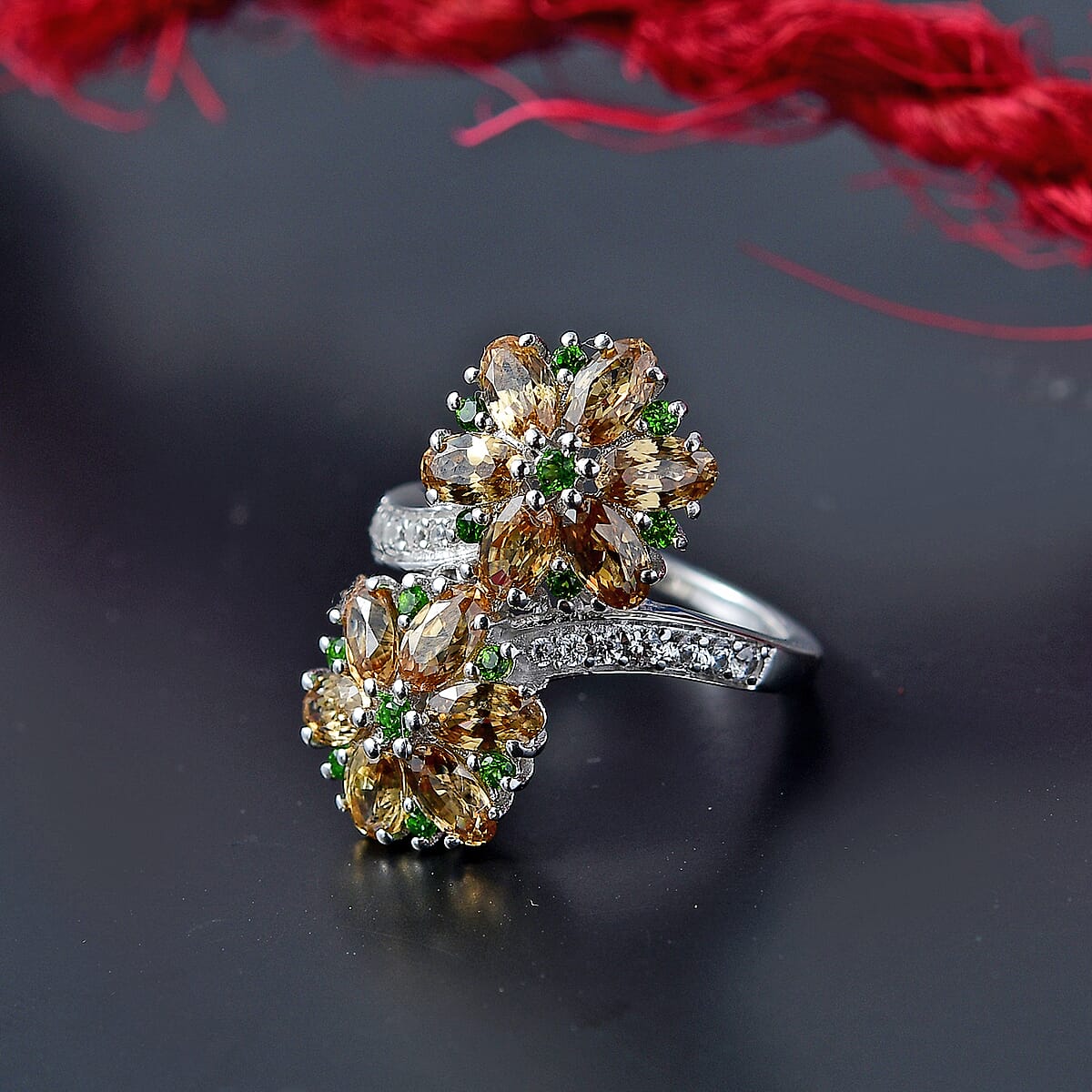 D'Joy Premium Tanzania Yellow Zircon and Multi Gemstone 4.70 ctw Blossom Bypass Ring in Rhodium Over Sterling Silver (Size 9.0) image number 1