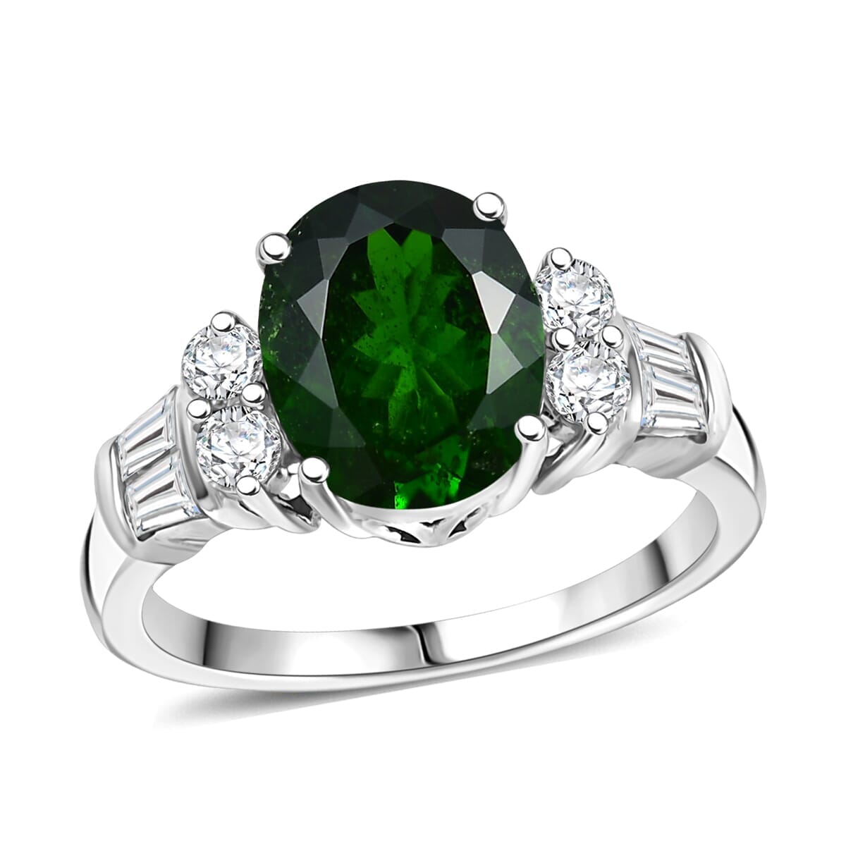Chrome Diopside, Moissanite Ring in Rhodium Over Sterling Silver (Size 10.0) 3.20 ctw image number 0