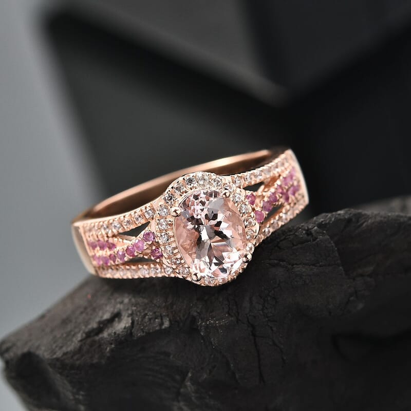 D'Joy Premium Pink Morganite and Multi Gemstone 1.65 ctw Blush Wave Ring in 18K Vermeil Rose Gold Over Sterling Silver (Size 5.0)