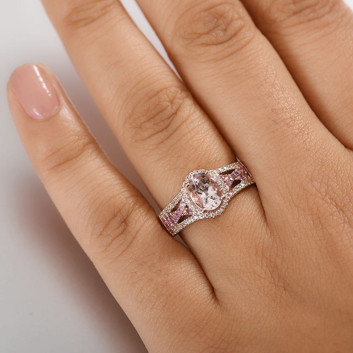 D'Joy Premium Pink Morganite and Multi Gemstone 1.65 ctw Blush Wave Ring in 18K Vermeil Rose Gold Over Sterling Silver (Size 5.0) image number 2