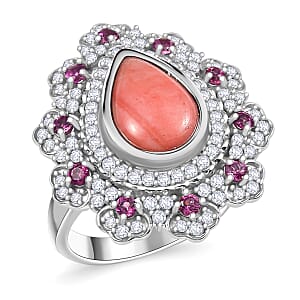 Karis Oregon Peach Opal and Multi Gemstone 3.15 ctw Floral Ring in Platinum Bond (Size 6.0)