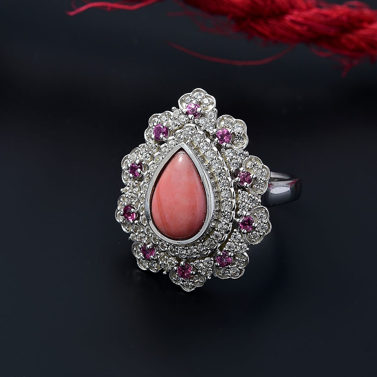 Karis Oregon Peach Opal and Multi Gemstone 3.15 ctw Floral Ring in Platinum Bond (Size 6.0) image number 1