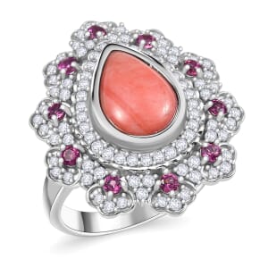 Karis Oregon Peach Opal and Multi Gemstone 3.15 ctw Floral Ring in Platinum Bond (Size 7.0)