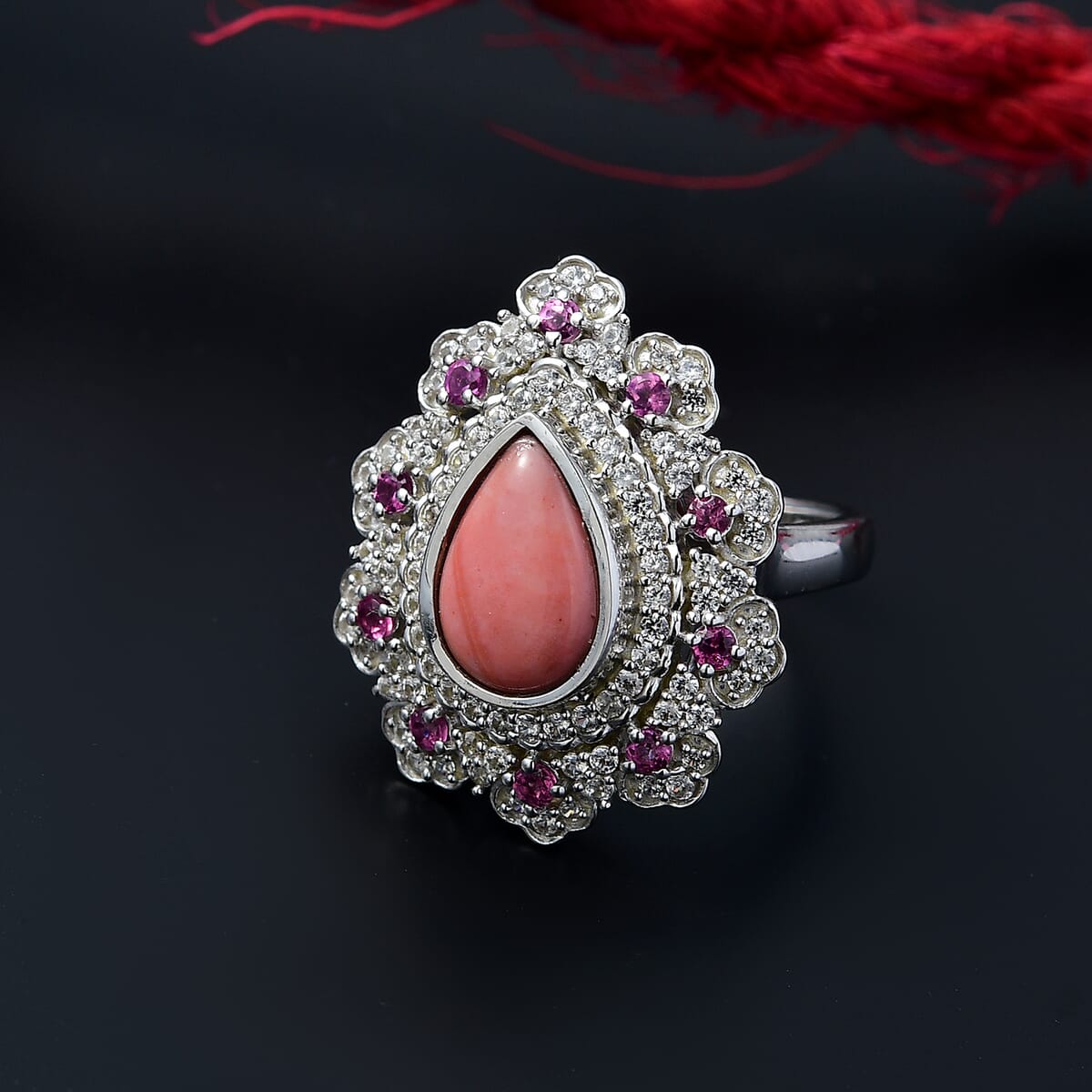 Karis Oregon Peach Opal and Multi Gemstone 3.15 ctw Floral Ring in Platinum Bond (Size 7.0) image number 1