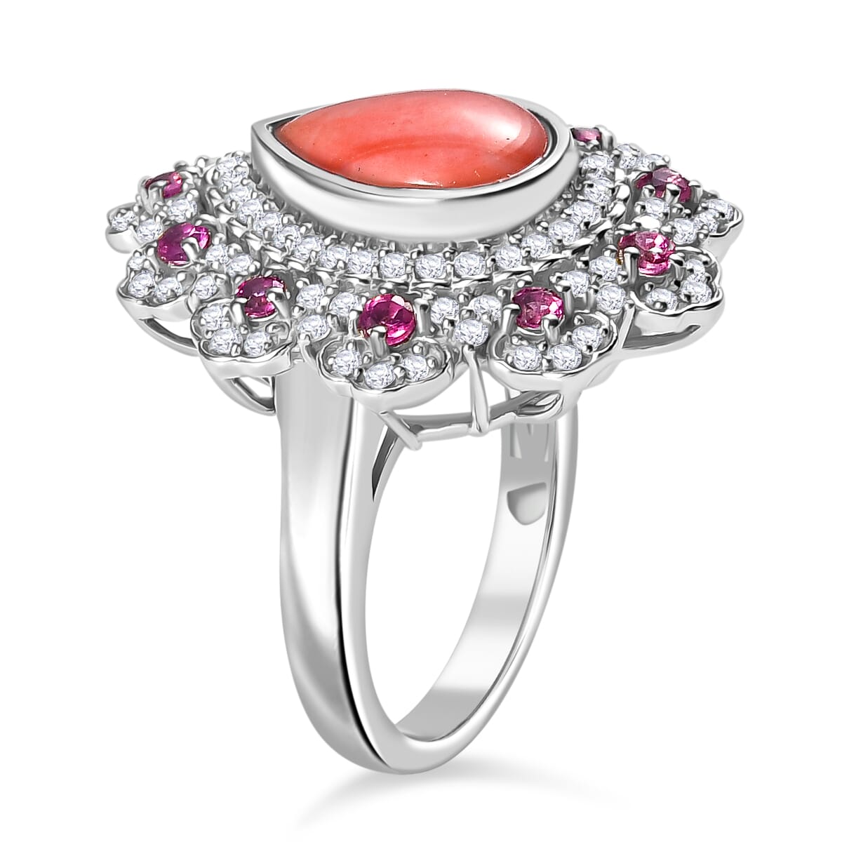 Karis Oregon Peach Opal and Multi Gemstone 3.15 ctw Floral Ring in Platinum Bond (Size 7.0) image number 3