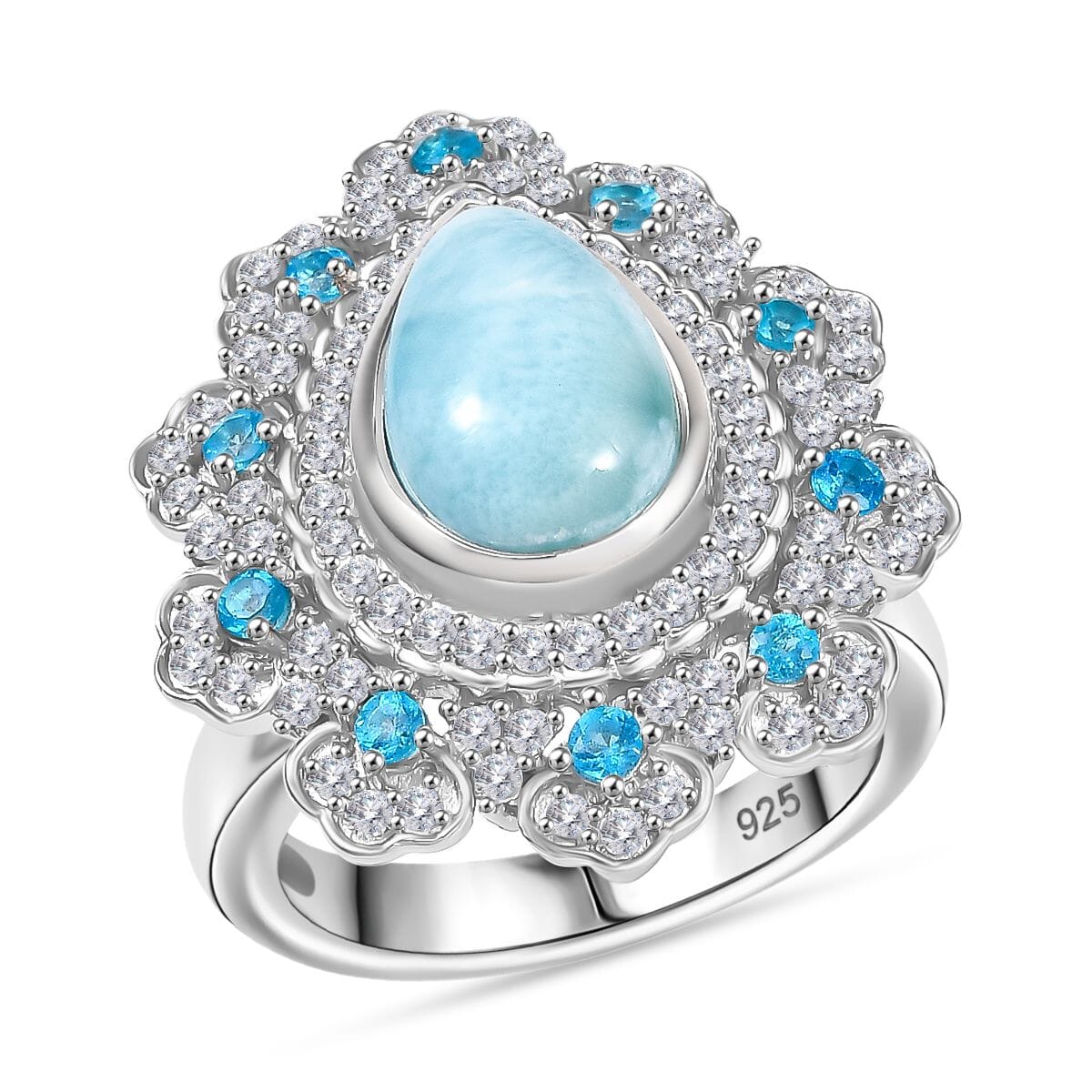 D'Joy Premium Larimar and Multi Gemstone 5.00 ctw Sea Bloom Ring in Rhodium Over Sterling Silver (Size 10.0) image number 0