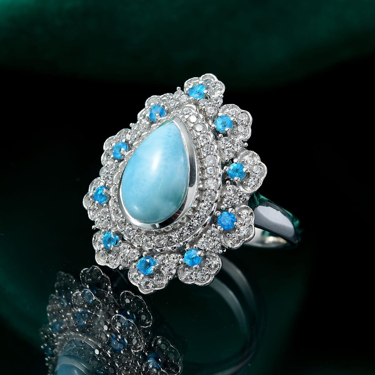 D'Joy Premium Larimar and Multi Gemstone 5.00 ctw Sea Bloom Ring in Rhodium Over Sterling Silver (Size 10.0) image number 1