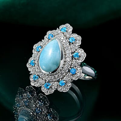 D'Joy Premium Larimar and Multi Gemstone 5.00 ctw Sea Bloom Ring in Rhodium Over Sterling Silver (Size 10.0)