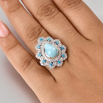 D'Joy Premium Larimar and Multi Gemstone 5.00 ctw Sea Bloom Ring in Rhodium Over Sterling Silver (Size 10.0)
