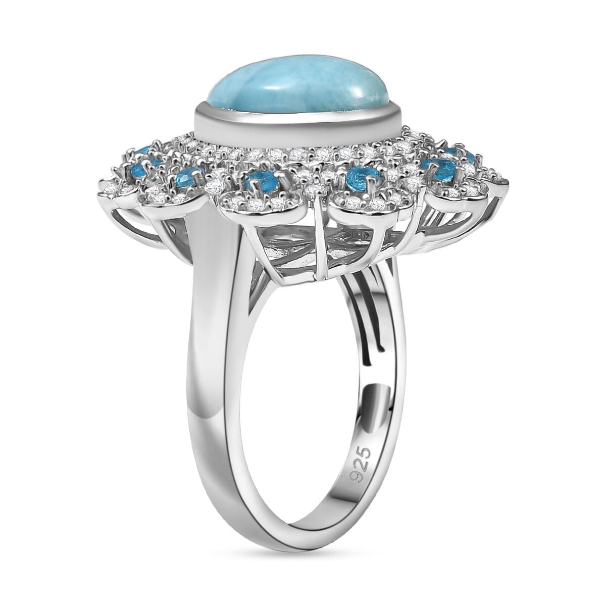 D'Joy Premium Larimar and Multi Gemstone 5.00 ctw Sea Bloom Ring in Rhodium Over Sterling Silver (Size 10.0) image number 3