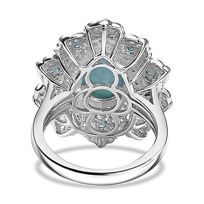 D'Joy Premium Larimar and Multi Gemstone 5.00 ctw Sea Bloom Ring in Rhodium Over Sterling Silver (Size 10.0)