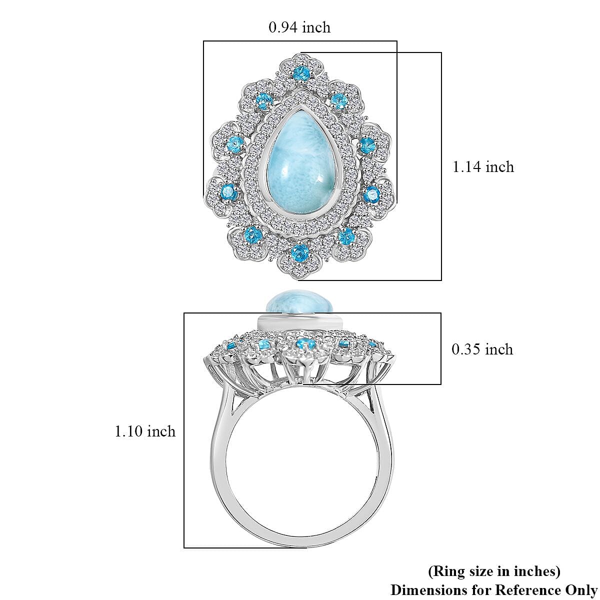D'Joy Premium Larimar and Multi Gemstone 5.00 ctw Sea Bloom Ring in Rhodium Over Sterling Silver (Size 10.0)