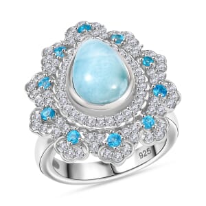 D'Joy Premium Larimar and Multi Gemstone 5.00 ctw Sea Bloom Ring in Rhodium Over Sterling Silver (Size 7.0)