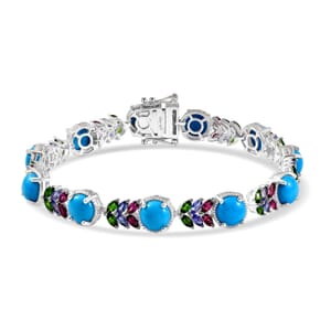 D'Joy Premium Sleeping Beauty Turquoise and Multi Gemstone 13.25 ctw Leaf Bracelet in Rhodium Over Sterling Silver (6.50 In)