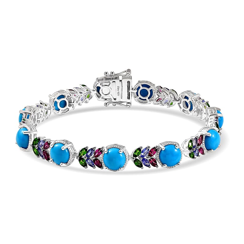 D'Joy Premium Sleeping Beauty Turquoise and Multi Gemstone 13.25 ctw Leaf Bracelet in Rhodium Over Sterling Silver (6.50 In)