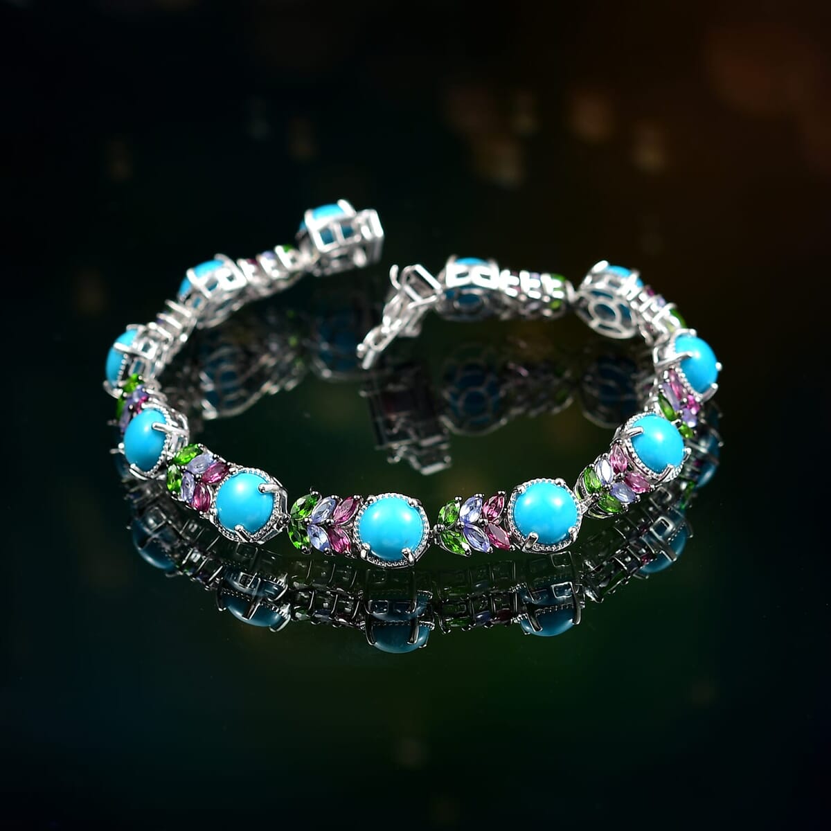 D'Joy Premium Sleeping Beauty Turquoise and Multi Gemstone 13.25 ctw Leaf Bracelet in Rhodium Over Sterling Silver (6.50 In) image number 1